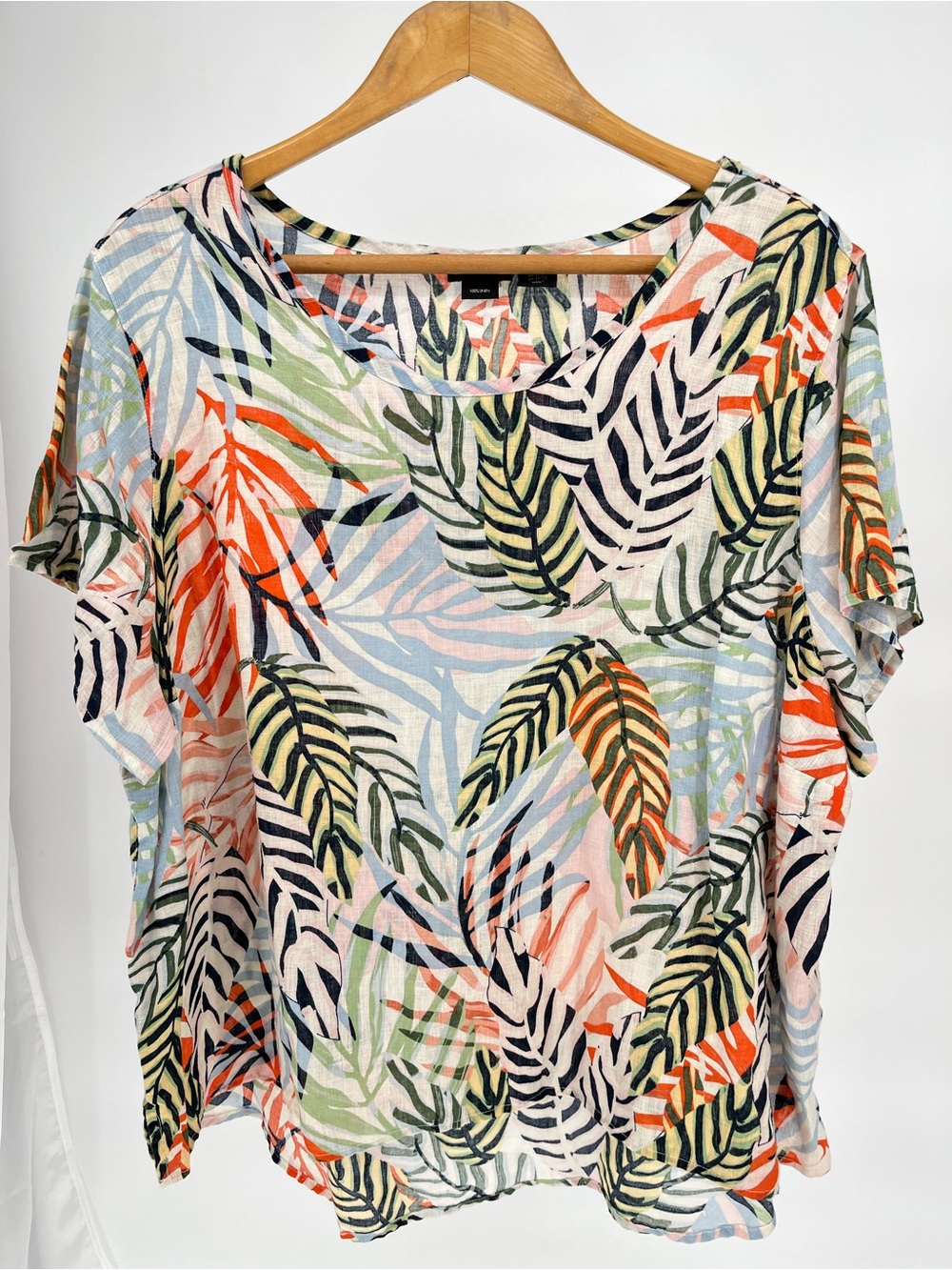 Tahari 100% Linen Tropical Leaf Print Blouse 2X Plus Size Lightweight Summer Top